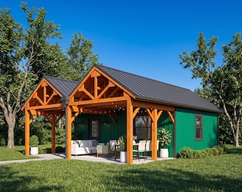 DIY 24x32 Twin-Gable Barn Pavilion Plans: Open Timber Porch, Enclosed Room, PDF