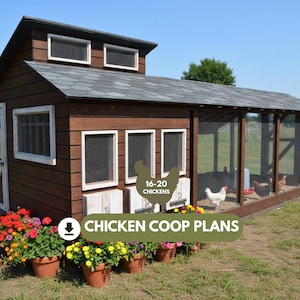 16～20羽の鶏のための運動場付き大型鶏小屋の設計図、DIYウォークイン鶏小屋の設計図（PDF）、巣箱付き裏庭木製鶏小屋のデザイン