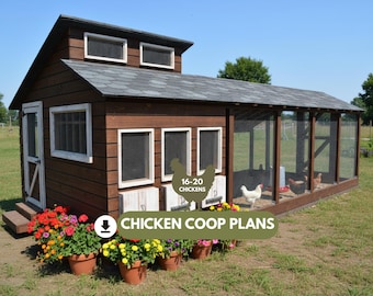 Large Chicken Coop Plans with Run for 16-20 Hens, DIY Walk In Hen House Blueprints PDF, Backyard Wooden Coop Design with Nesting Box