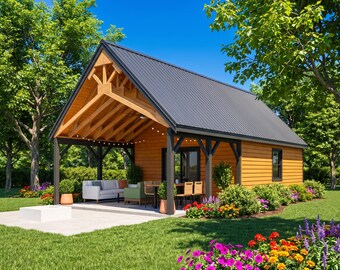 DIY Scissor Truss Barn Pavilion Plans: 18x36 Vaulted Studio, Covered Porch, PDF