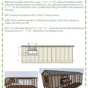 Peut inclure: Diagramme et rendu 3D d'un poulailler en bois avec dimensions pour les fen&ecirc;tres et les nichoirs. Le texte indique "Assembler le cadre mural droit" et fournit des instructions de construction.