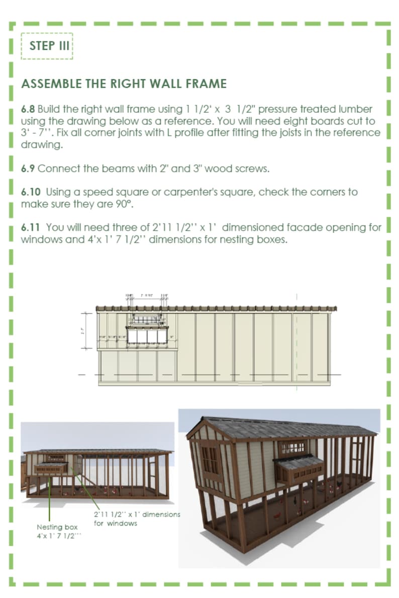 Peut inclure: Diagramme et rendu 3D d'un poulailler en bois avec dimensions pour les fen&ecirc;tres et les nichoirs. Le texte indique "Assembler le cadre mural droit" et fournit des instructions de construction.