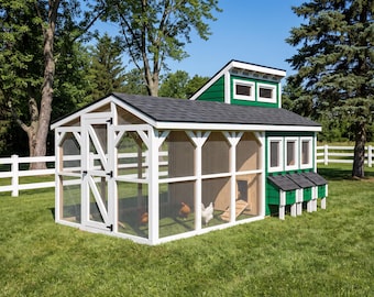 May include: A wooden chicken coop featuring a white frame, green siding, and a dark shingled roof. The structure includes a wire mesh enclosure, a side door, multiple windows, and three attached nesting boxes with individual black lids.