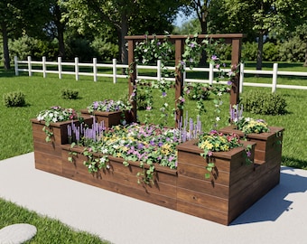 DIY Tiered Raised Garden Bed Plans: Cedar Corner Planter Towers, Back Trellis, 10x5