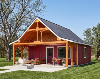 DIY 24x30 Barn Pavilion Plans: Bonnet Roof, Timber Porch, Enclosed Room, PDF