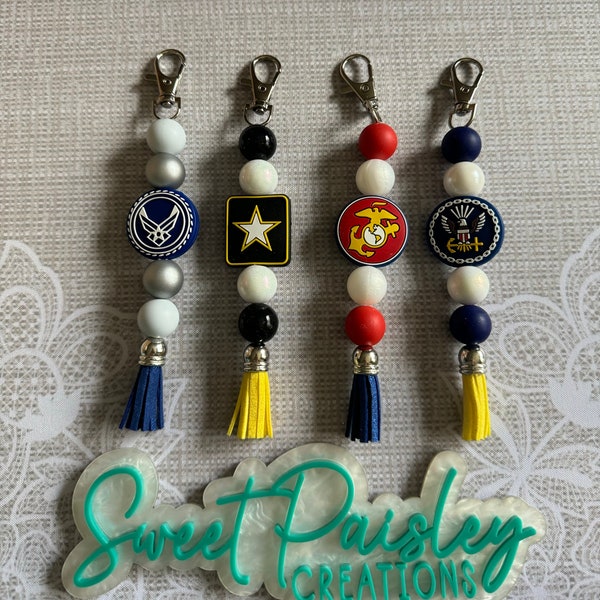 Custom Made Military Keychains | Purse & Bag Charms | Focal and Bubblegum Beads | Army Navy Marines Air Force