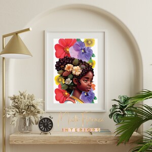 Black girl art Floral wall art ethnic wall decor African American art boho art Floral wall art natural hair art inspirational female art