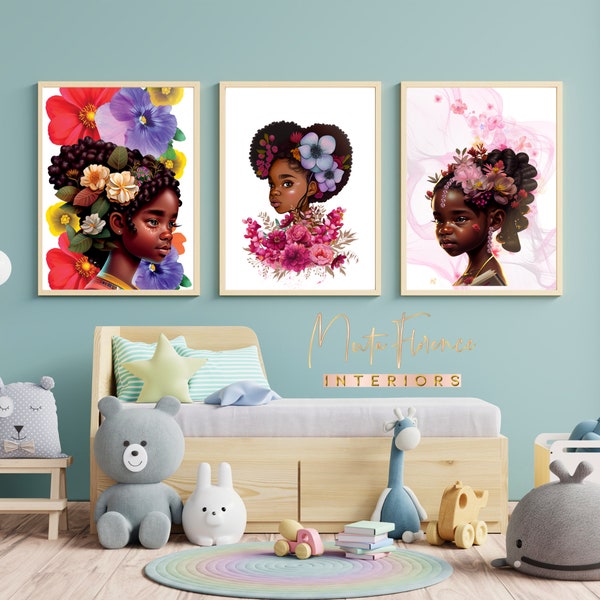 Girl With Flowers Art Set of 3 Kids bedroom decor Black Wall Art Black Art African American Art African Art Black Woman Art Abstract Art