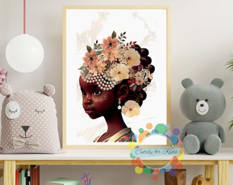 "Kunstdruck Illustration ""Schwarzes Mädchen"" mit Blumenkrone (Digitaler Download)"
