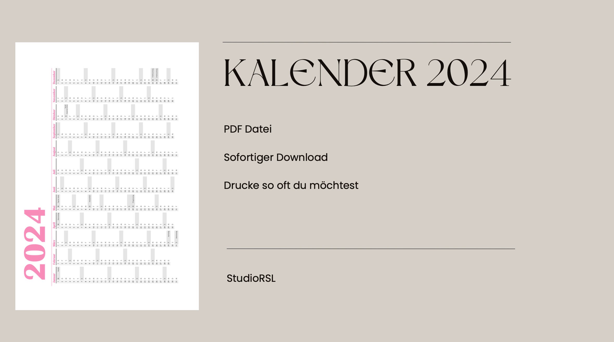Kalender 2024 zum Ausdrucken Pink Edition Klassisch - Etsy.de