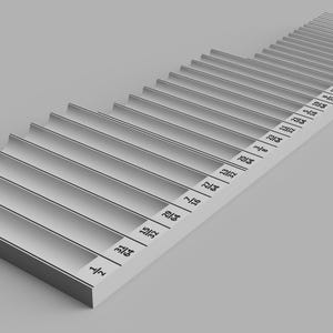 May include: A white plastic ruler with black markings for each year from 2014 to 2035. The ruler is angled and the numbers are visible.