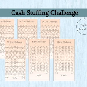 Op de afbeelding: Een printbare cash stuffing challenge-kaart met vijf verschillende denominaties van Euro-munten: 5 cent, 10 cent, 20 cent, 50 cent, 1 Euro en 2 Euro. Elke denominatie heeft een raster met cirkels om te vullen met munten. De kaart is gelabeld met het totale bedrag aan geld dat voor elke denominatie kan worden gespaard.