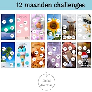 12 month challenges for cash stuffing, saving euros, saving games, change challenge, a6 budget binder, digital download, Dutch