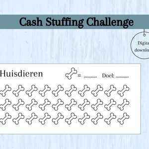 Op de afbeelding: Een witte, bedrukbare cash stuffing challenge sheet met de tekst "Cash Stuffing Challenge" bovenaan. De sheet heeft een sectie met de naam "Huisdieren" en botgrafieken. Een digitale download tag staat in de rechterbovenhoek.