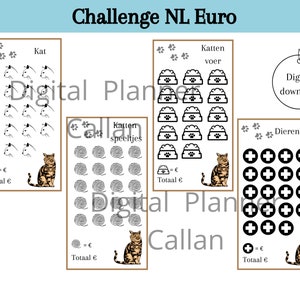 May include: A printable worksheet for a cat-themed money challenge in Dutch. The worksheet has three sections: "Kat" (cat), "Katten voer" (cat food), and "Dierenarts" (veterinarian). Each section has a number of images to count and a space to write the total cost in Euros.