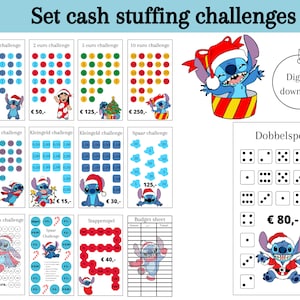 Stitch Christmas set challenges for cash stuffing, euro, savings games, change challenge, a6 budget binder, digital download, Dutch