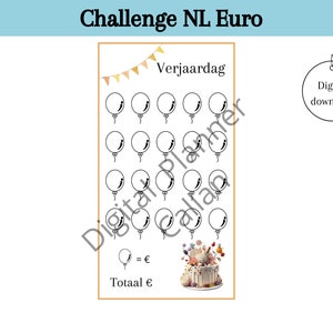 Birthday challenges for cash stuffing, saving euros, savings goals, change challenge, a6 budget binder, digital download, Dutch
