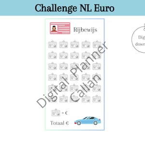 Rijbewijs auto challenges voor cash stuffing, euro sparen, spaar doelen, kleingeld challenge, a6 budget binder, digital download, nederlands