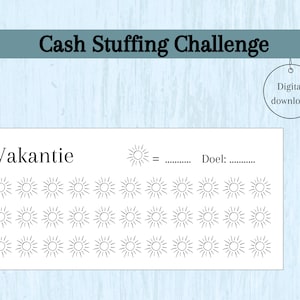 Op de afbeelding: Een printbare cash stuffing challenge tracker met de tekst "Vakantie" en een doelgedeelte. De tracker heeft 36 zonnen om in te kleuren terwijl je geld spaart.