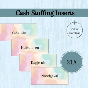 Op de afbeelding: Een set van 21 printbare enveloppen om geld in te stoppen met aquarel achtergronden. De enveloppen zijn gelabeld met de volgende categorieën: Vakantie, Huisdieren, Dagje uit en Nood geval.