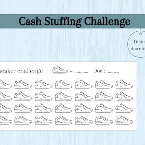 Puede incluir: Un desafío de relleno de efectivo imprimible con temática de zapatillas. El desafío incluye 30 zapatillas para rellenar con efectivo. El texto dice "Sneaker challenge = _______ Doel: _______".