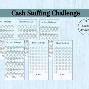 May include: Printable cash stuffing challenge chart with different denominations of Euro coins. The chart includes 5 cent, 10 cent, 20 cent, 50 cent, 1 Euro, and 2 Euro denominations. Each denomination has a grid of circles to fill in with coins.