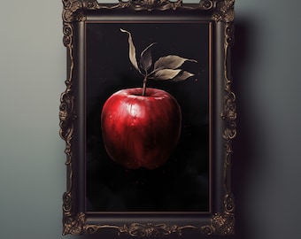 May include: A framed painting of a single red apple with a few leaves on a dark background.