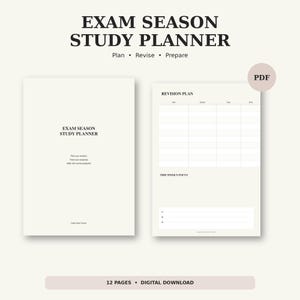 Könnte beinhalten: Ein digitaler Lernplaner mit cremefarbenem Hintergrund und schwarzem Text. Das Deckblatt zeigt EXAM SEASON STUDY PLANNER, Plan, Revise, Prepare. Die Innenseite enthält eine REVISION PLAN Tabelle mit Spalten für Date, Subject, Topic, Done und THIS WEEK'S FOCUS.