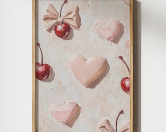 Valentine's Day Cherry Bow Print, Preppy Cherry Wall Art Print, Coquette Pink Heart Valentine's Decor, Earthy Organic Print,Digital Download