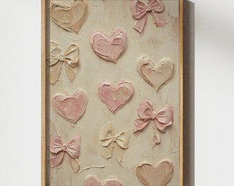 Pink Bow Heart Valentine's Day Print, Pink Coquette Wall Art, Romantic Wall Art, Vintage Nursery Painting, Earth Tone Art, Digital Download