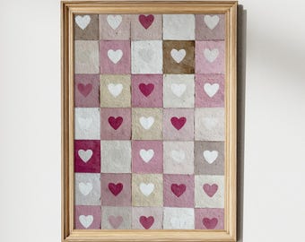 Pink Heart Valentine's Day Checkered Art Print, Coquette Wall Art, Vintage Nursery Painting, Earth Tone Art, Beige Wall Art,Digital Download
