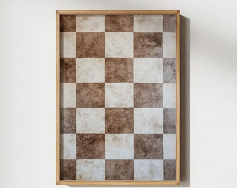Checkered Art Print, Neutral Checkerboard Art Groovy Retro Poster Organic Modern Trendy Wall Art Dark Brown Moody Dark Art Instant Download