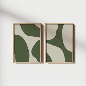 Moderne abstracte donkergroene print set van 2, smaragdgroene afdrukbare muurkunst, donkergroene muurkunst, groene en beige prints, digitale download