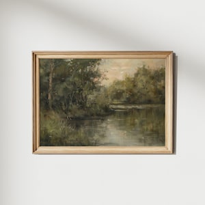 Vintage Style Lake Landscape Painting, Dark Moody Brown Printable, Antique Country Wall Decor, Nature Oil Painting, Earthy Wall Home Decor