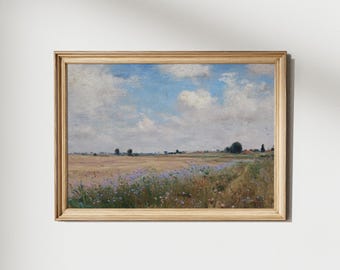 Vintage Blue Wildflower Field Landscape Wall Art, Spring Flower Meadow Painting, Baby Blue Nursery Art, Cottagecore Print, Digital Download