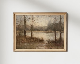 Vintage Style Forest Landscape Painting Dark Brown Moody Printable Rustic Wall Art Dark Academia Print Nature Wall Decor Instant Download