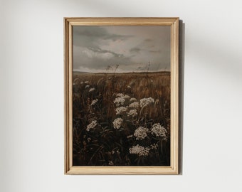 Moody Landscape Print, Vintage Style Landscape Printable Wall Art, Moody Wildflower Field Print, Dark Acedemia Art,Antique, Digital Download