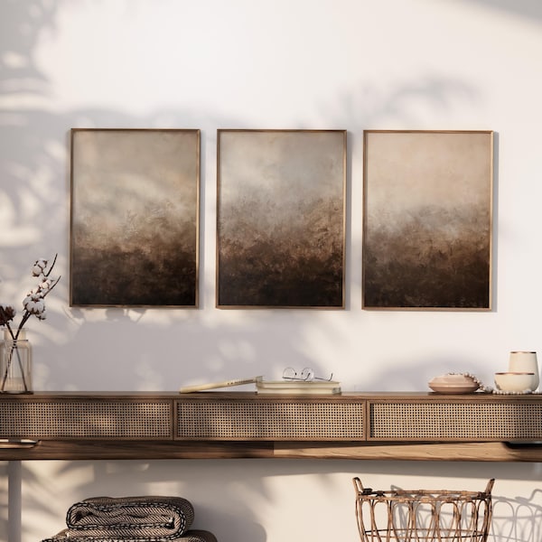 Earthy Brown Texture Wall Art Set of 3, Moody Brush Strokes Wall Art, Abstract Dark Brown Print, Neutral Art Wall Decor, Digital Download