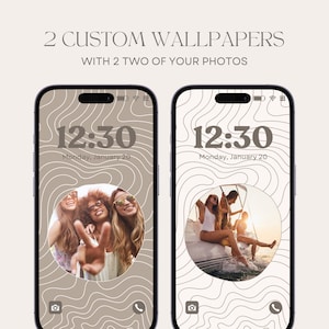 May include: Two customizable phone wallpapers with a brown and white wavy pattern. Each wallpaper features a circle with a photo of people. The time is displayed as 12:30 with the date Monday, January 20.