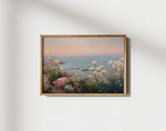 Vintage Pastel Wildflower Coastal Landscape Wall Art, Coquette Pink Art, Vintage Nursery Art, Summer Cute Wall Poster, Digital Download