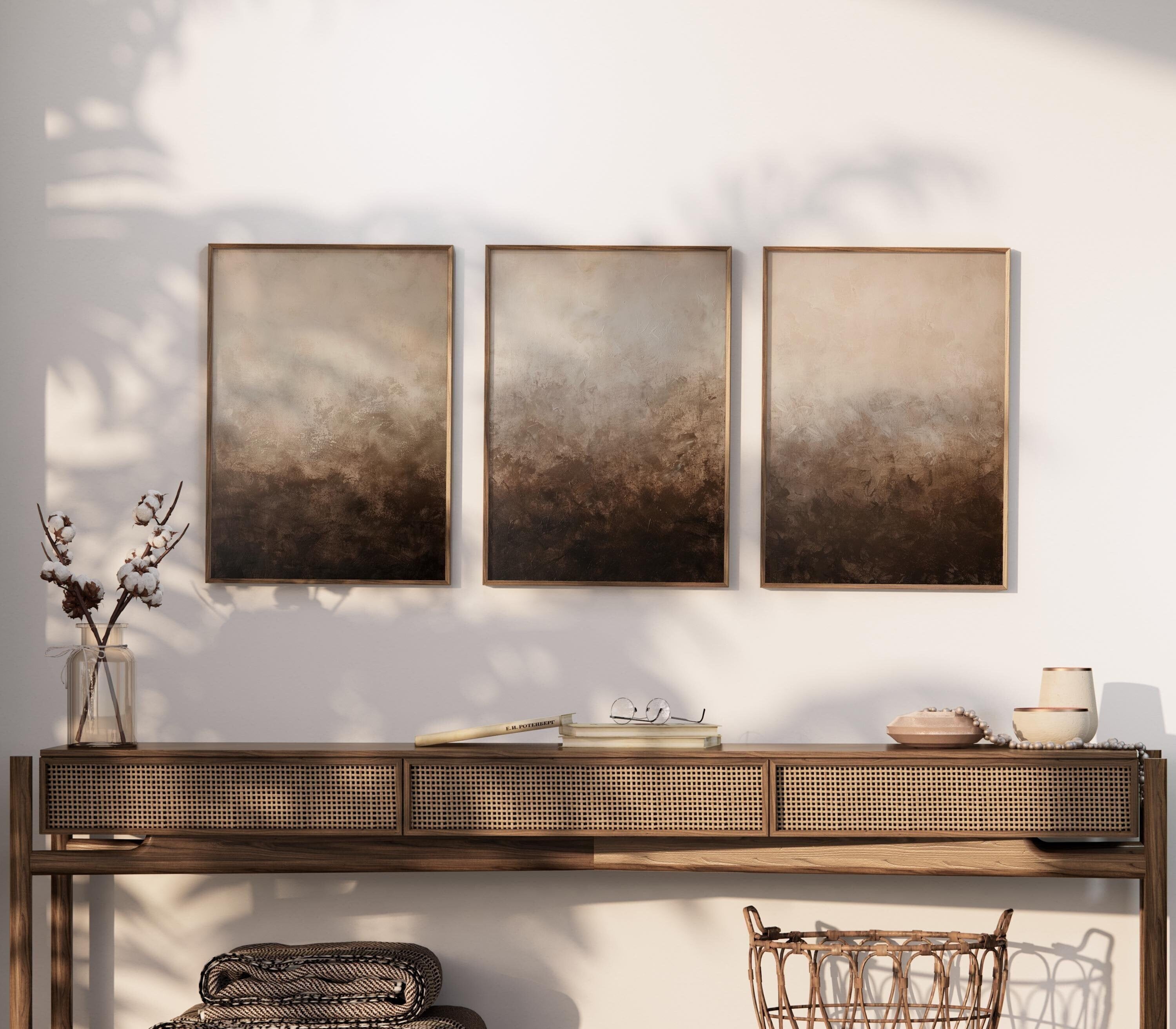 Picture of Earthy Brown Texture Wall Art Set of 3, Moody Brush Strokes Wall Art ...