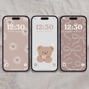 Coquette Pink iPhone Android Cute Home Screen, Valentine&#39;s Day iPhone Wallpapers, Heart Phone Background,Teddy Bear Preppy Digital Wallpaper