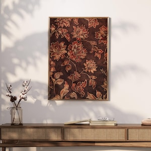 Estampado textil floral burdeos antiguo, tapiz artístico rojo oscuro intenso, arte mural botánico marrón, decoración otoñal vintage, descarga digital.