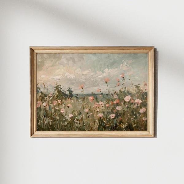 Vintage Pastel Wildflower Field Painting: Spring Landscape Art (Digital Download)