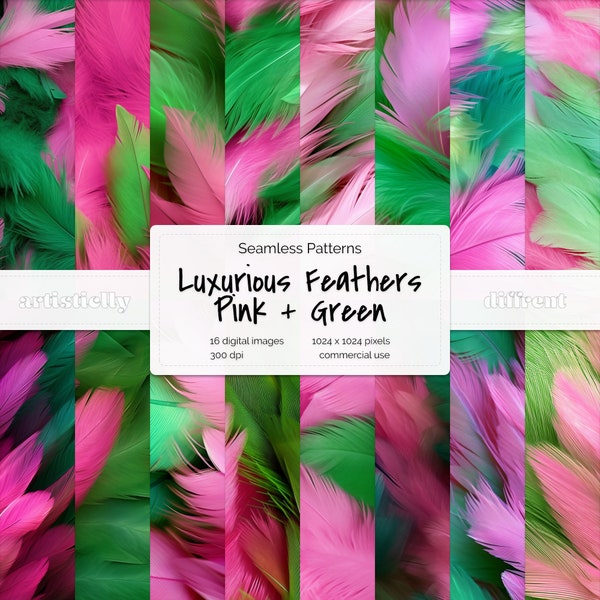 Digital Paper Pink & Green Feathers | Feathers Pink Green Digital Paper Feathers Green Pink Digital Paper Seamless Pattern