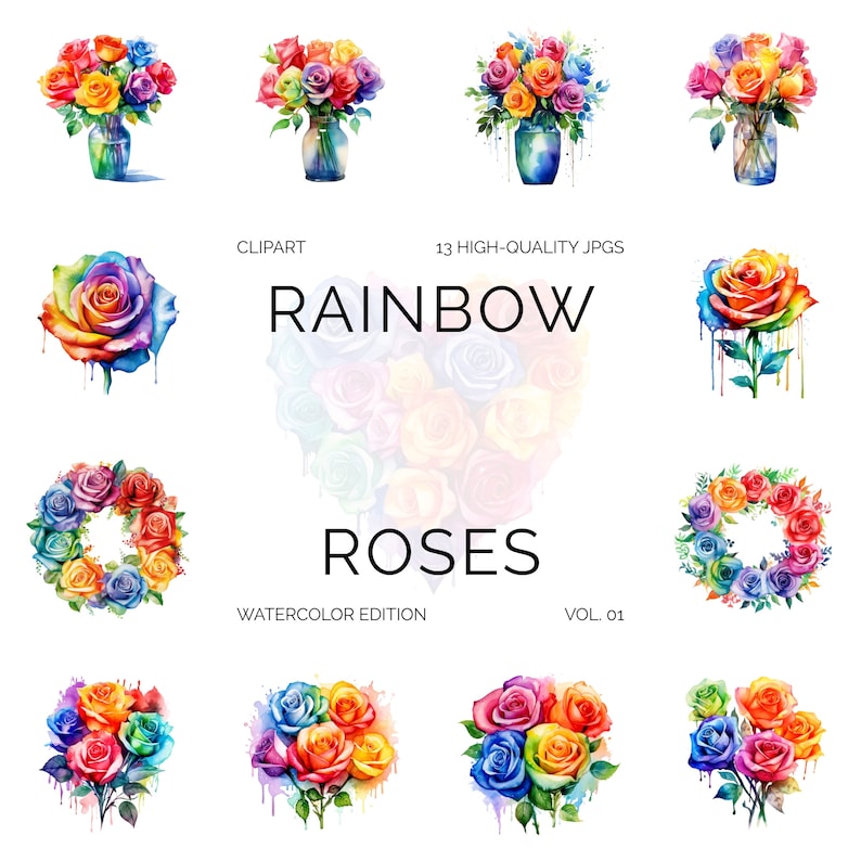 Rainbow Roses Rainbow Roses Clipart JPG Instant Download Commercial Use