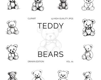 Osos de peluche / Clipart de oso de peluche dibujado / JPG / Descarga instantánea / Uso comercial