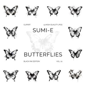 Mariposas Sumi-e / Imágenes Prediseñadas de Mariposas de Tinta Negra / JPG / Descarga Instantánea / Uso Comercial