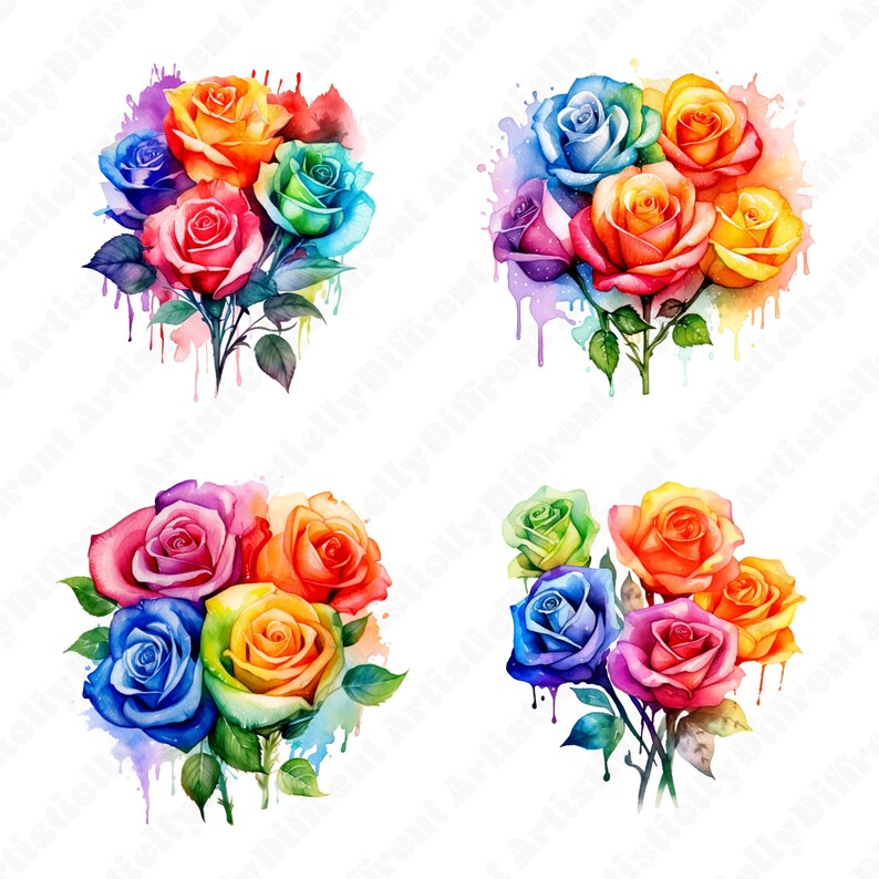 Rainbow Roses Rainbow Roses Clipart JPG Instant Download Commercial Use