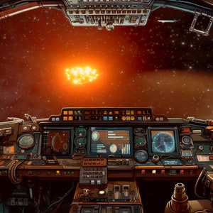Może przedstawiać: Kokpit statku kosmicznego z widokiem na jasne, pomarańczowe pole gwiazd przez przednią szybę. Kokpit jest wypełniony różnymi przyciskami, pokrętłami i ekranami.